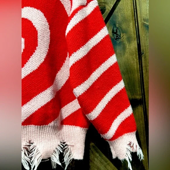 NWOT Miss Sparkling Pink & Red Frayed Heart Sweater Sz L - Picture 9 of 13